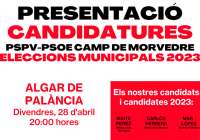 El auditorio de Algar de Palancia acogerá la presentación comarcal de los candidatos socialistas para el 28 de mayo